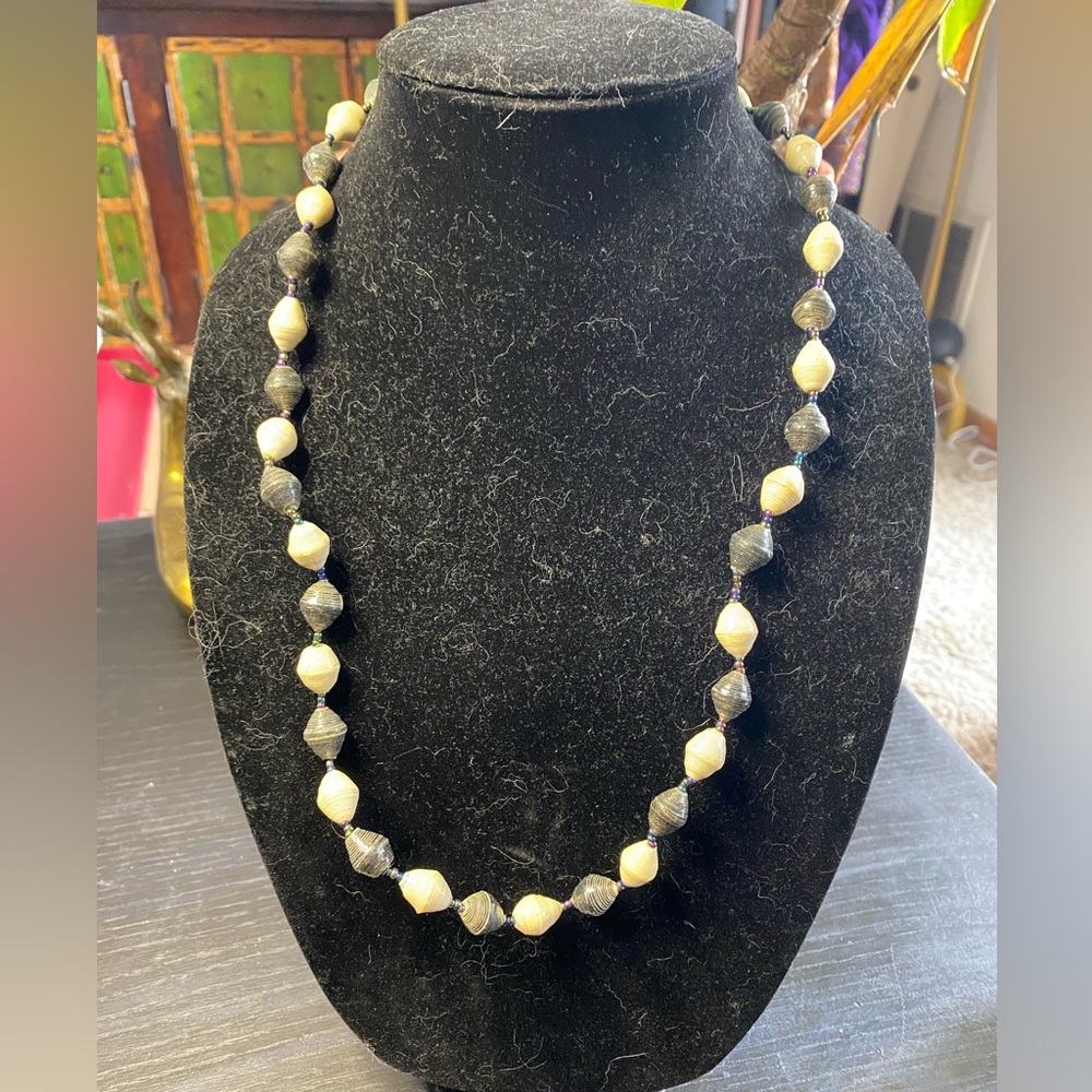 Black and white handmade paper bead necklace